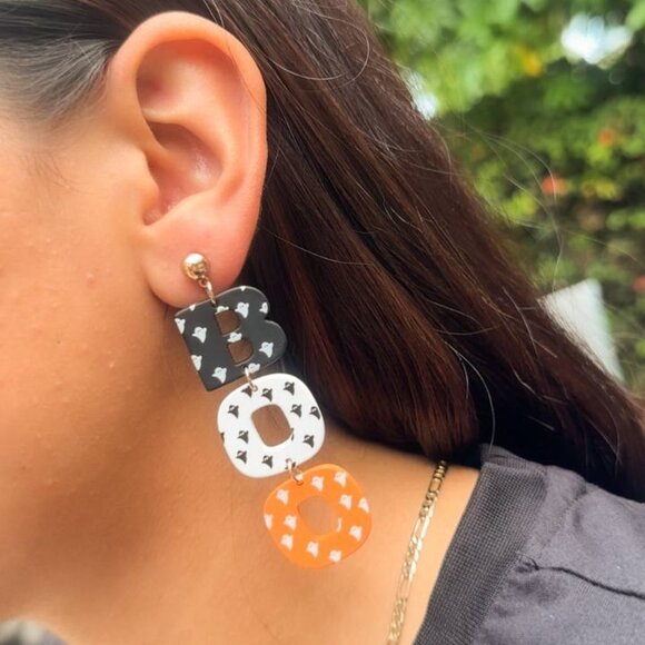 BOO Halloween Earrings — Cute Ghost Print Dangle Fall Spooky Jewelry - Picture 3 of 4